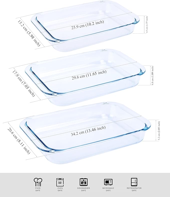 Set of 3 Basic Rectangular Tempered Glass Bakeware, Glass Baking Dishes Baking Pan Set - 1L,1.5L,2L