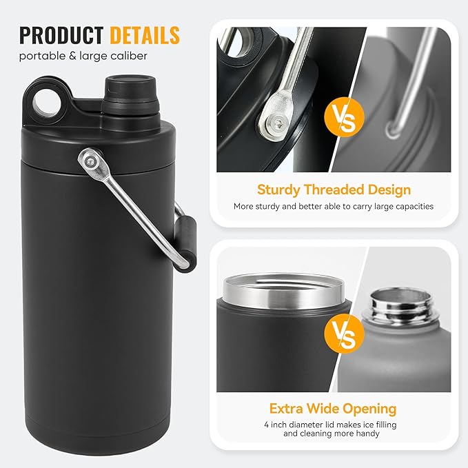 Kerilyn Insulated Half Gallon Jug with Handle, 64oz Stainless Steel, Large Double Vacuum Water Bottle for Hot & Cold Drinks, Wide Mouth, Sweat Proof, Great for Travel, Camping, Black