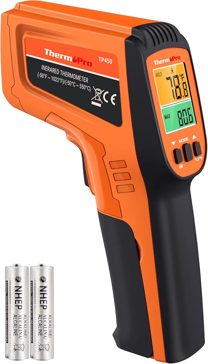 ThermoPro TP450 Dual Laser Temperature Gun for Cooking, Digital Infrared Thermometer for Pizza Oven Grill, Laser Thermometer Gun with Adjustable Emissivity Temp Gun -58℉to 1022℉(Not for Human)