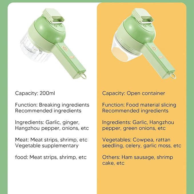 4 in 1 Handheld Electric Vegetable Cutter, 200ml USB Rechargeable Vegetable Chopper, Wireless Food Processor for Garlic Pepper Chili Onion