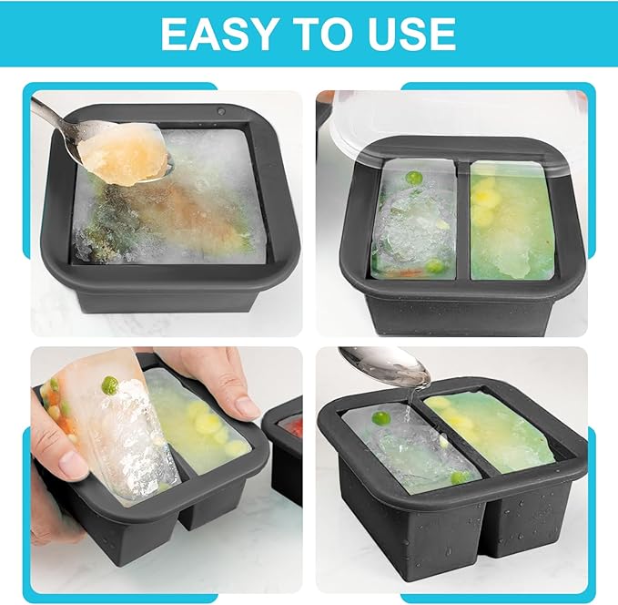 Silicone Freezer Tray with Lid 2 Pack Silicone Freezer Molds Ice Cube Tray Makes 4 Perfect 1 Cup Portions Soup Cubes Meal Prep Containers- Oven & Dishwasher Safe