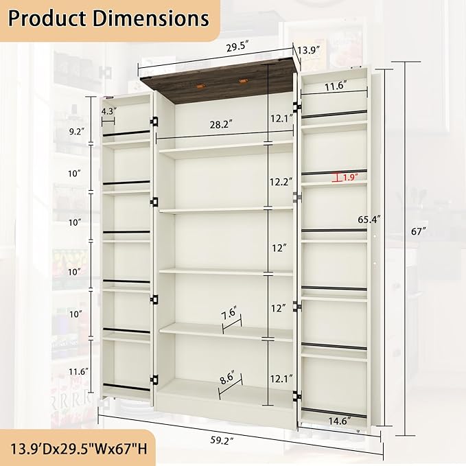 Tall Kitchen Pantry Cabinet: Food Pantry Cabinets for Kitchen Storage, Off White Wood Storage Cabinet with 2 Doors, Farmhouse Cabinets with Freestanding Cupboard