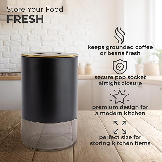 Kaffe Glass Coffee Canister (8oz) w/Airtight Lid - Click to Release Seal - BPA Free Glass & Stainless Steel - Elegant Kitchen Storage Container for Coffee, Nuts, Rice, Flour, Sugar, Tea, Cereal