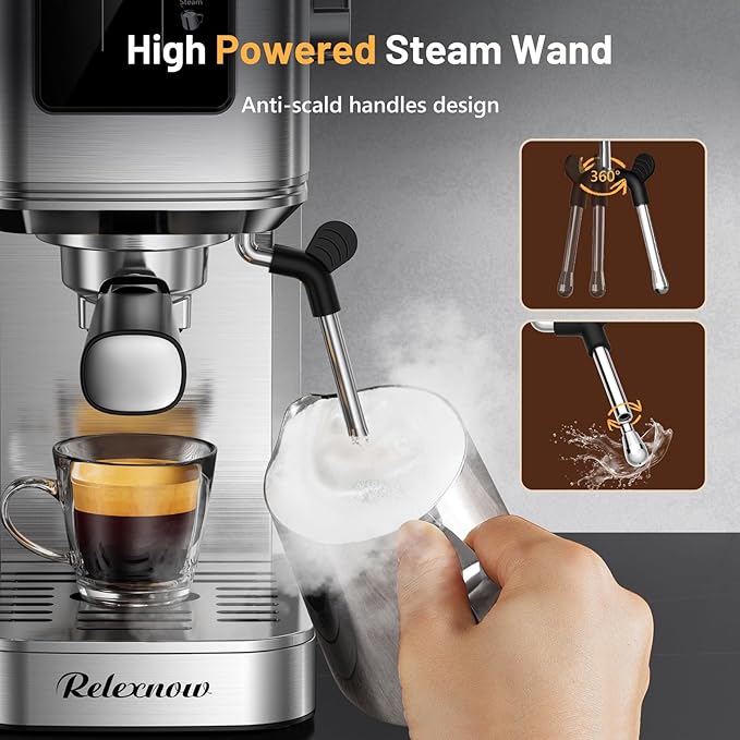 RELEXNOW Espresso Machine, 20 Bar Professional Espresso Coffee Maker with Milk Frother Steam Wand, Hot & Iced Coffee Machine, Compact Stainless Steel Coffee Machine for Cappuccino,Latte,Cold Brew