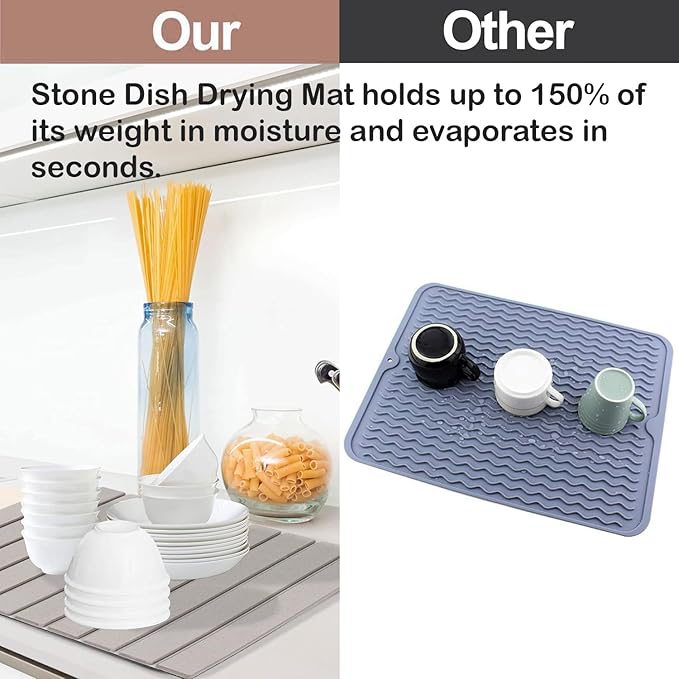 Large Stone Dish Drying Mat for Kitchen Counter, 24"(L)×16"(W) Collapsible Kitchen Dish Drying Mat, Absorbent Quick Dry Diatomaceous Earth, for Dishes Bottles Cups, Match Any Countertop