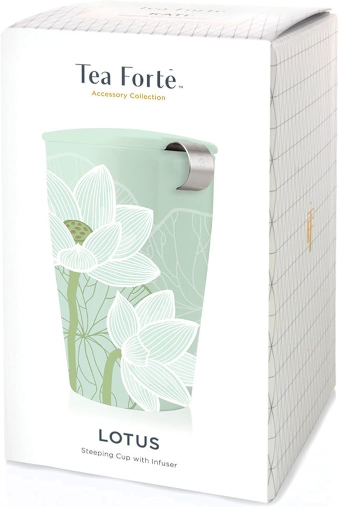 Tea Forte Double-Walled Ceramic Kati Cup, Removable Stainless Steel Infuser Basket and Lid, Steeps 12 oz Loose Leaf Tea, Dishwasher & Microwave Safe, Gifts for Mom, Lotus Blossom
