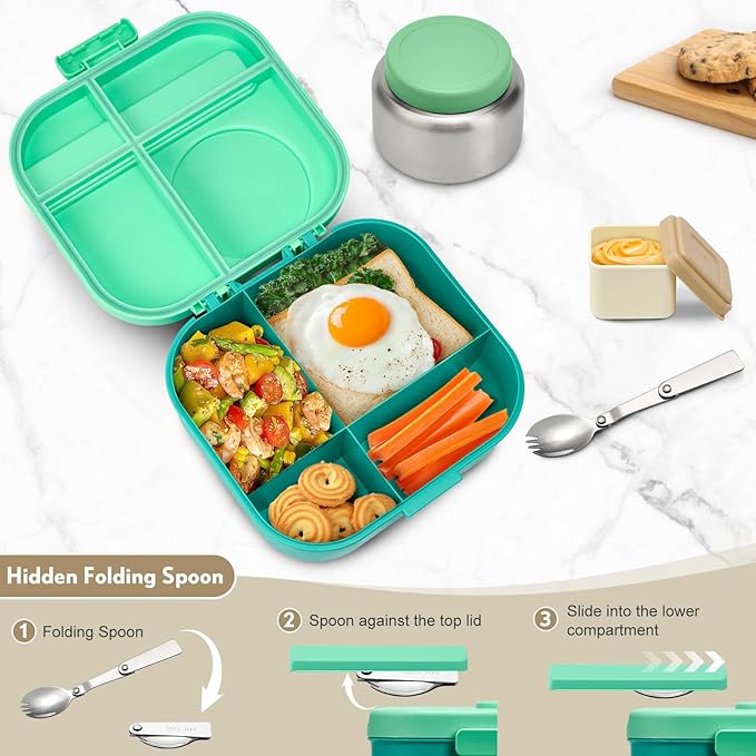 Bento Lunch Box with 12oz Soup Thermo,4 Compartments Lunch Box Containers, Spoon&Sauce Jar, BPA Free&Leak proof,Insulated Food Jar for Travel (Green)