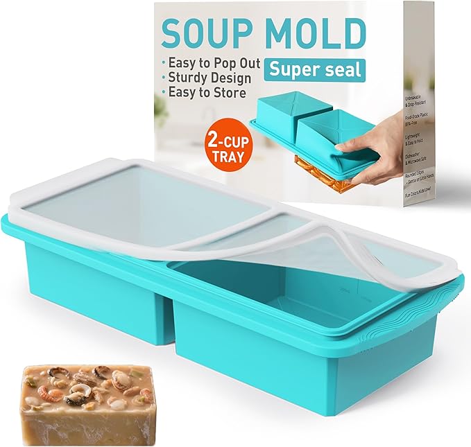 Silicone Freezer Tray with Lid Soup Freezer Container Molds with Steel Reinforced Rim Large Ice Cube Tray Makes 4 Perfect 2 Cup Portions Cubes Storage for Soup, Sauce, Leftovers Food Kitchen Things
