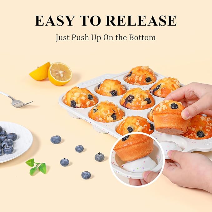 Vinino 2-Pack Silicone Muffin Pan for Baking with Metal Reinforced Frame, 12 Cups Regular Size Silicone Cupcake Pan with Non-Slip Handle, Nonstick Muffin Tray for Oven, BPA Free, Dishwasher Safe