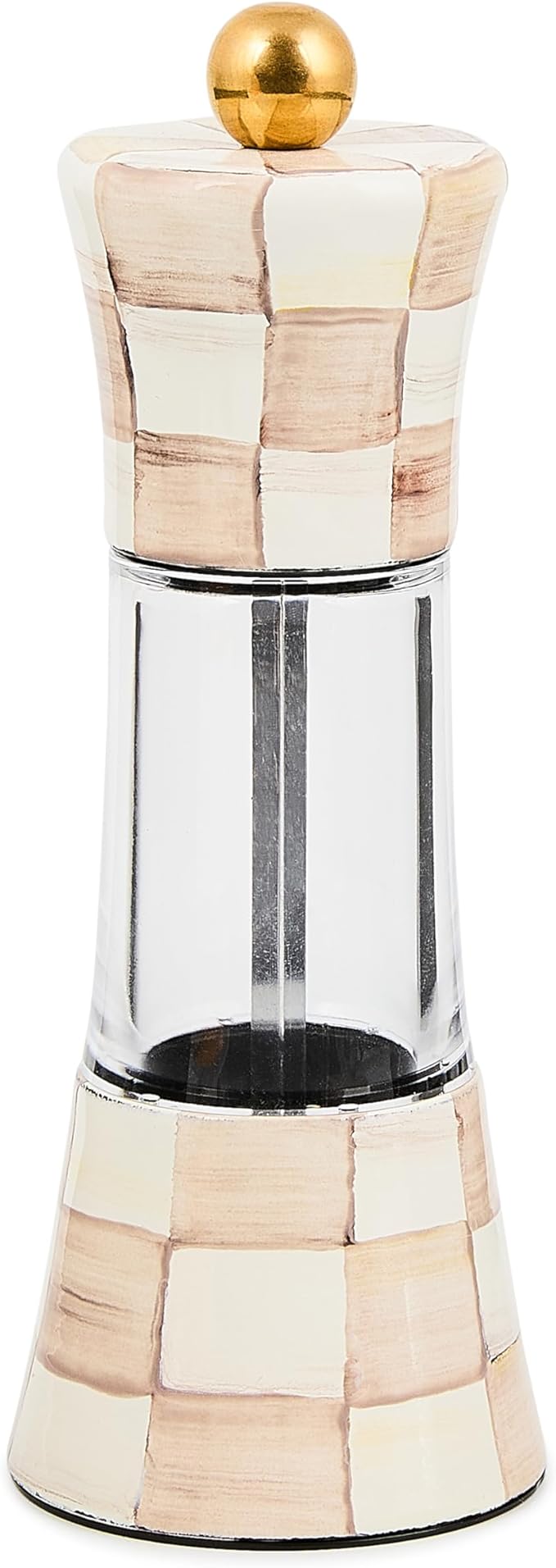 MACKENZIE-CHILDS Enamel Grinder, Refillable Manual Salt Grinder and Pepper Grinder, Brown-and-White Mocha Check