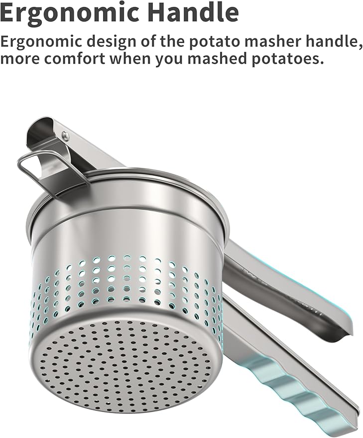 Livilord Large 15oz Potato Ricer, Heavy Duty Stainless Steel Ricer for Mashed Potatoes, Sweet Potato Masher Kitchen Tool with Ergonomic Handle, Press and Mash Kitchen Gadget, Silver