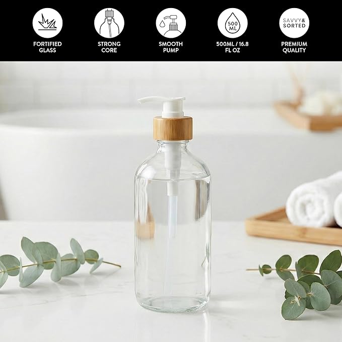 SAVVY & SORTED Glass Hand Soap Dispenser Bathroom, Dish Soap Dispenser for Kitchen Sink, Refillable Clear Glass Bottles with White Bamboo Pump for Liquid Hand Wash, 17 Fl Oz / 500 ml