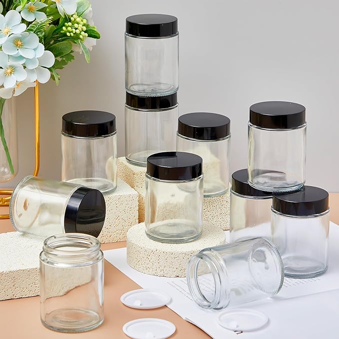 Domensi 24 Pcs Bulk 6oz Glass Jars with Lids Leakproof Round Airtight Empty Cosmetic Jars with Inner Liners Lid for Storing Lotions Spices Ointments Food Storage (White Black)