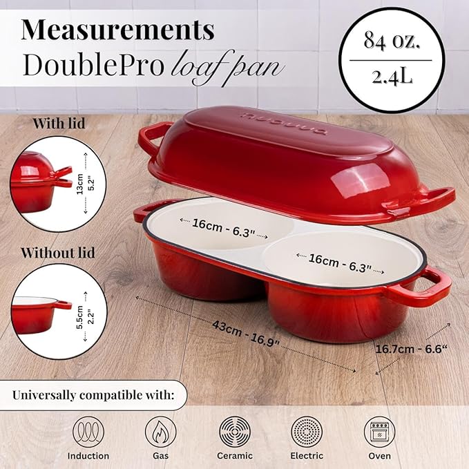 Dutch Oven For Sourdough Bread Baking – Enamelled Cast Iron Bread Loaf Pot – 500°F Oven Safe Non Stick Bread Pot – Double Round Loaf Space, 16.5cm Diameter, Red, – by Nuovva