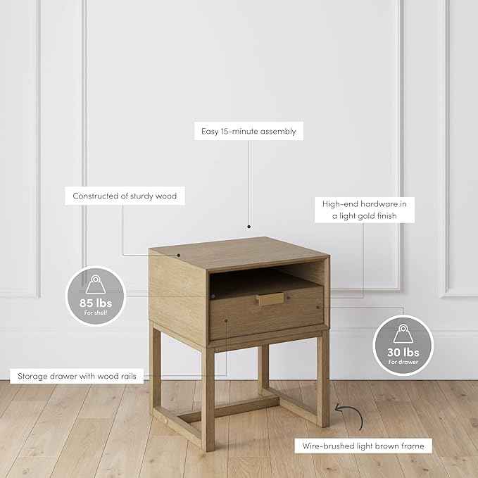 Nathan James Luke Modern Nightstand Side Accent or End Table with Storage Drawer, 1, Light Brown