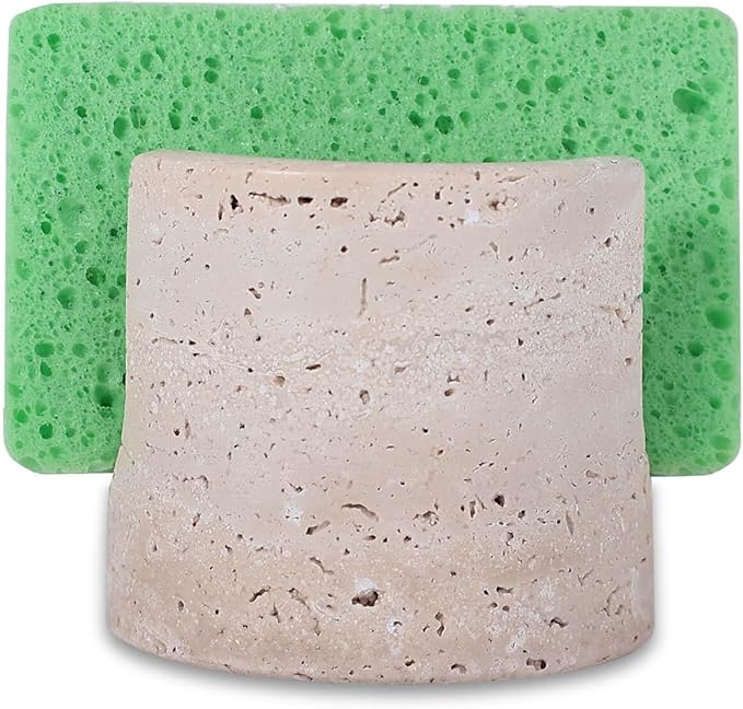 JIMEI Travertine Marble Sponge Holder for Kitchen Counter - Natural Stone Dish Drying Rack, Sponge Caddy for Sink Organizer - Durable & Stylish Kitchen Decor