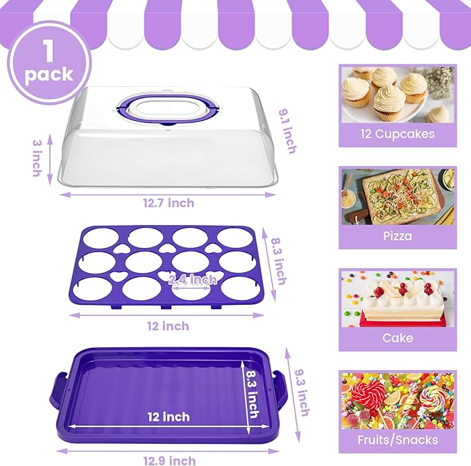 VGOODALL Cupcake Carrier, Rectangle Cake Plate with Lid, 12 Capacity Cup Cake Portable Container Dessert Holder with Handle for Family Picnics and Party Events, 2-in-1 Design, Purple