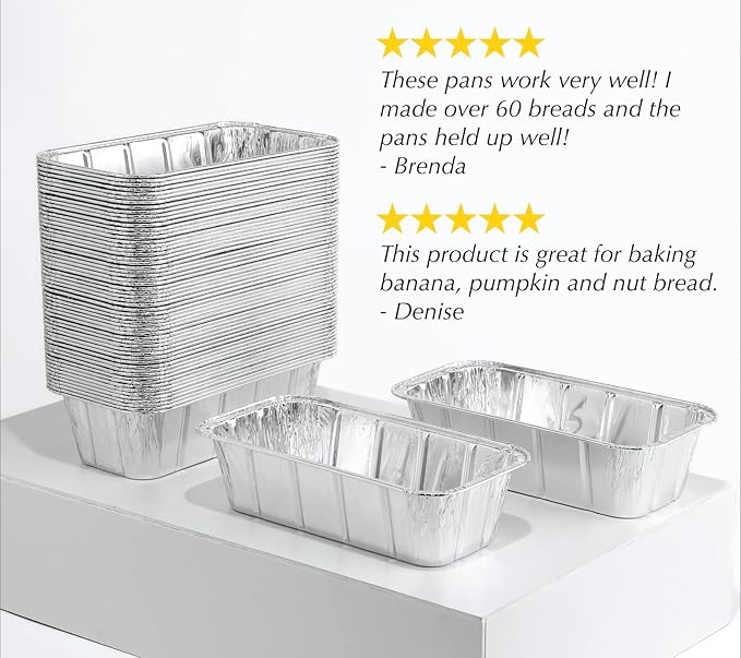 (65 Pack) 2Lb Foil Bread Pans for Baking, Disposable Bread Pans - Perfect for Baking Banana Bread, Cakes & Meatloaf - 2 Pound Aluminum Pans for Food Serving - 8.5" X 4.5" X 2.5"