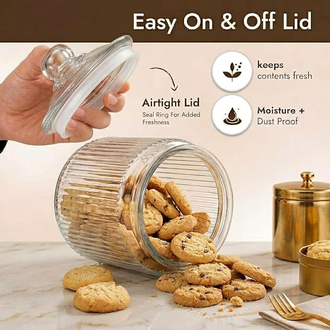 kitchentoolz 1 Gallon Ribbed Glass Cookie Jar - Large Food Storage Container with Airtight Lid - Keep Fresh Flour, Chewy Pet Treats, Candy, Dried Foods - Pack of 2