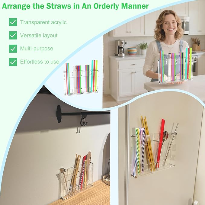 Acrylic Straw Holder for Cabinet Door & Wall – Kitchen Organizer Dispenser for Reusable Straws, Cupboard Storage Container for Drinking Straws & Small Accessories