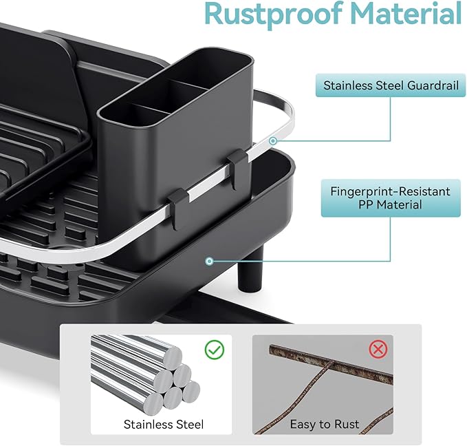 Urackify Expandable Dish Rack for Kitchen Counter,16.14"-23.62" Large Stainless Steel Dish Drying Rack with Adjustable Water Spout, Space Saving Dish Drainer with Auto Draining Cutlery Holder,Black