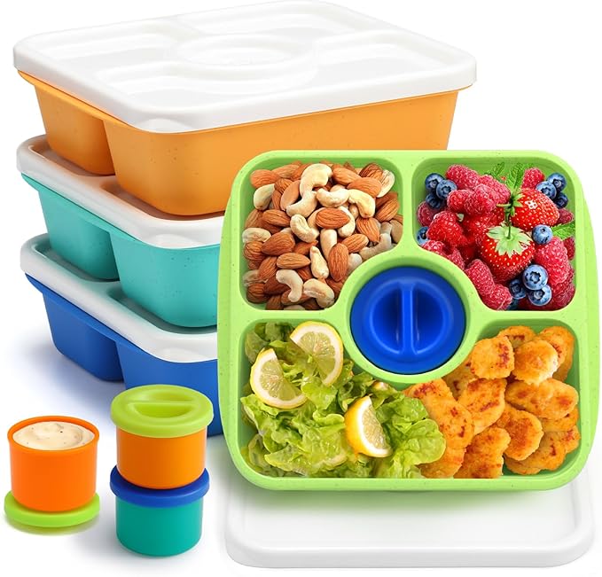 QQKO Bento Snack Box Containers for Adults Kids, 4 Pack Lunchable Meal Prep Containers Reusable, Stackable Bento Lunch Box, Food Storage Prep Containers with 4 Sauce Cups, Jewel Color, White Lid