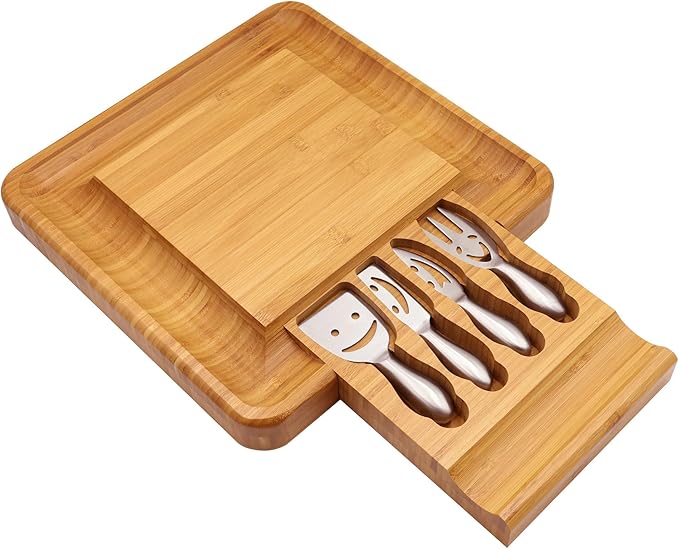 Sarolta Homewares Bamboo Cheese & Sushi Cutting Board and Platter with Brushed Stainless Steel Cutlery Set - 2 Sets