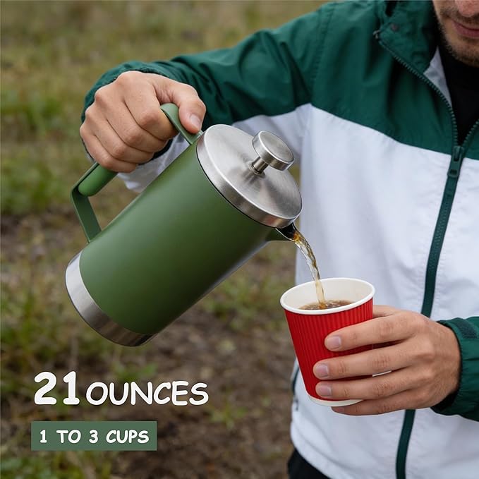 Stainless Steel French Press Coffee Maker 21OZ, 600ml Coffee Press Tea Press for Personal, Office, Travel,Camping (Green, 1-3 Cups)