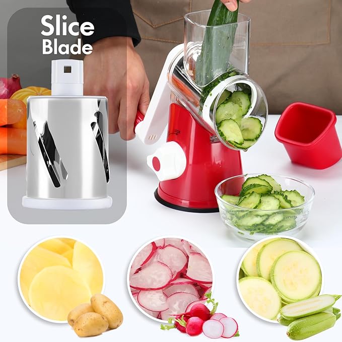Rotary Cheese Grater Shredder, Speed Kitchen Manual Round Mandolin Slicer Safe Grinder with 3 Interchangeable Blades for Nuts, Carrot, Hashbrown, Garlic, Walnut, Potato, Chocolate (Red)