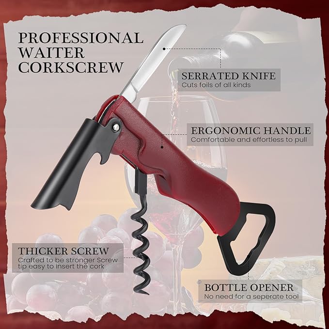 Hushee 24 Pcs Wine Opener Bulk with Foil Cutter Corkscrew Key 3 in 1 Red Bottle Opener Professional Stainless Steel Beer Corkscrew for Beverages Bartenders Summer Party(Wine Red)