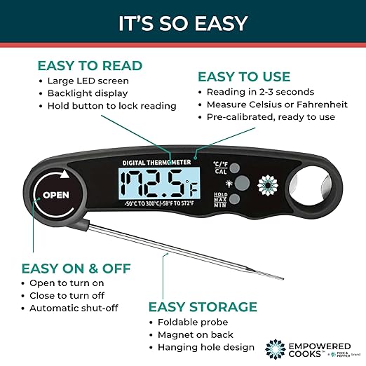 Cathy Yoder's Meat Thermometer Digital, Instant Read Food Thermometer for Cooking in Air Fryer Oven, BBQ, Grill & Baking. Measure Internal Temperatures Probe Easy Display Kitchen Grilling Accessories