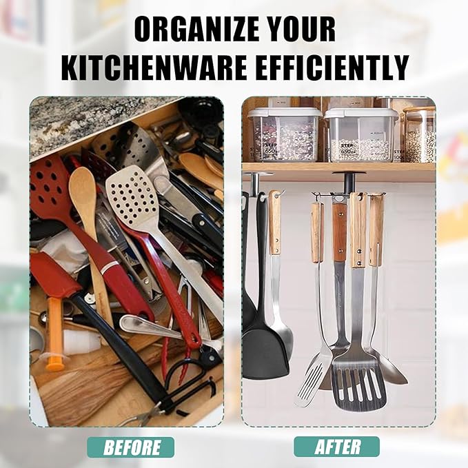 Zorfeter Under Cabinet Kitchen Utensil Hooks, Stainless Steel Utensil Racks 360°Rotating Drilling Free Adhesive Utensils Hanging Rack Holder, Brushed Nickel