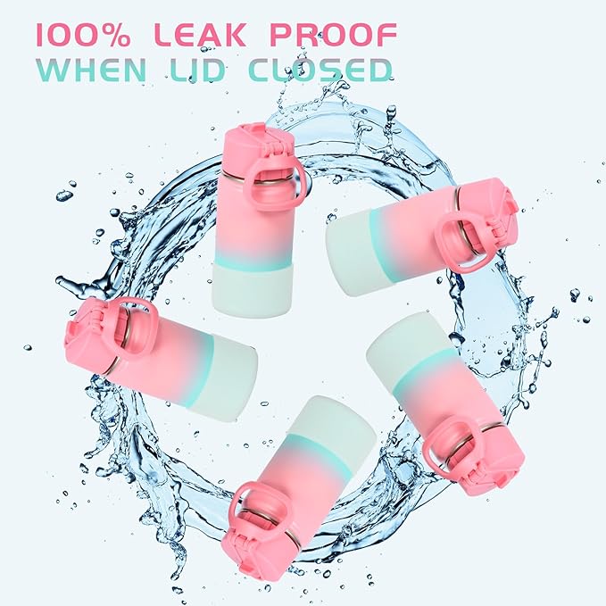 Volhoply 14oz KIds Stainless Steel Insulated Leakproof Water Bottle with Straw Lid and Silicone Boot,BPA-Free Easy Use for Boys&Girls,Double Wall Vacuum Bottles(Pink Green,1)