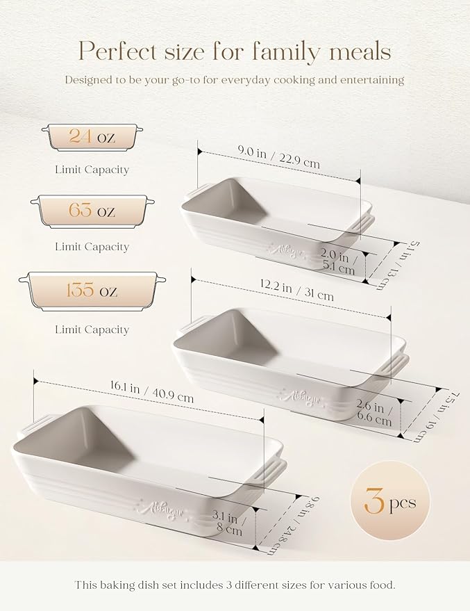 Ceramic Baking Dish Set, 3-Piece Casserole Dishes for Oven, Rectangular Baking Pans, Deep Lasagna Pans with Handles, Multi-Size Set for Cooking, Baking, Serving, and Gifting, White (16.1''/12.2''/9'')