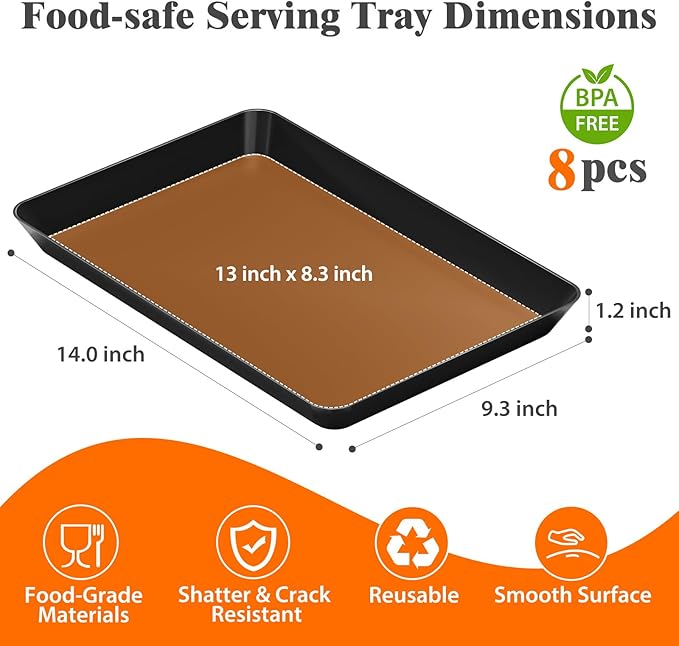 SpaceTrove 8-Pack Serving Tray Set, Reusable Plastic Serving Platter for Party Supplies, Entertaining, Grilling Accessories, Stackable Kitchen Snack Container for Dessert, Fruit, Cookie, (Black)