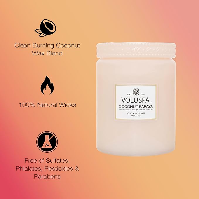 Voluspa Coconut Papaya, Large Candle Jar, 18 oz, 100 Hour Burn Time, Coconut Wax for Clean Burning, Handcrafted in The USA
