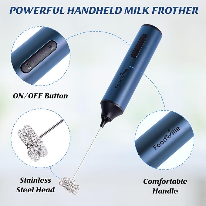 FoodVille MF05 Rechargeable Milk Frother USB Charging Handheld Foam Maker with Stainless Balloon Whisk for Cappuccino, Latte, Bulletproof Coffee, Keto Diet, Protein Powder, Matcha (Navy Blue)