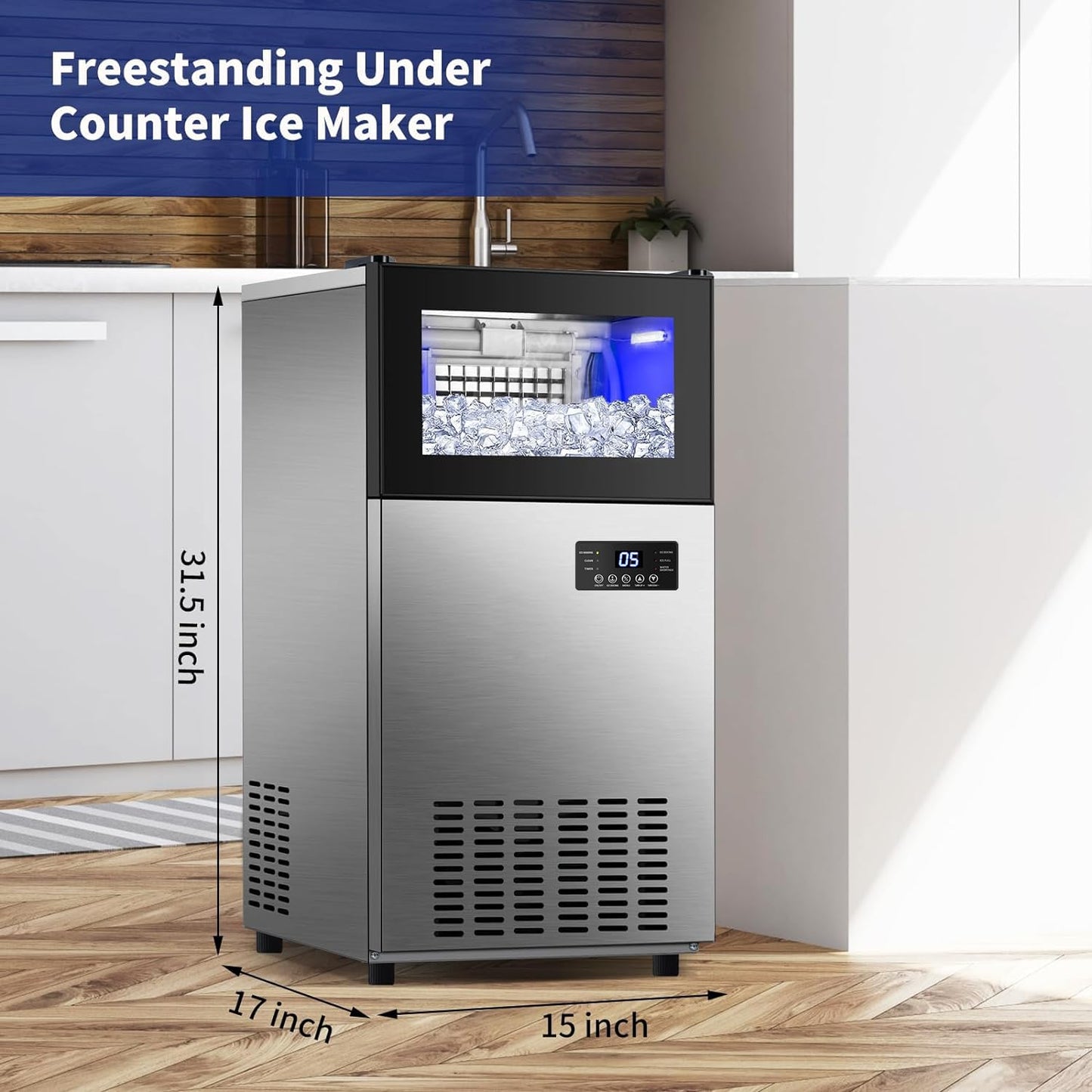 Commercial Ice Maker 160 LBS/24H, Upgraded 15" Wide Undercounter Ice Maker with 35LBS Ice Capacity, Self-Cleaning Stainless Steel Ice Machine, Built-in or Freestanding Large Ice Machine for Outdoor