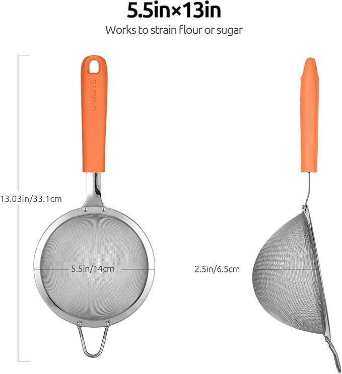 U-Taste 10 Piece Measuring Cups and Spoons Set in 18/8 Stainless Steel, and 18/8 Stainless Steel 5.5 inch 30 Mesh Strainer (Orange)