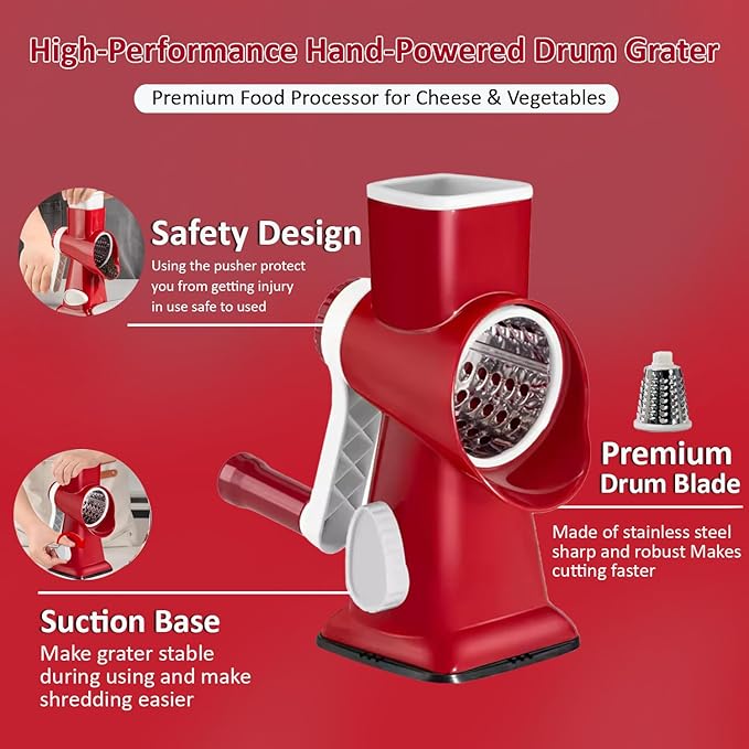 Chef Power 5 in 1 Rotatory Cheese Grater - Premium Quality Hand Cheese Grater With Handle - Food Chopper for Kitchen – (Red & White)
