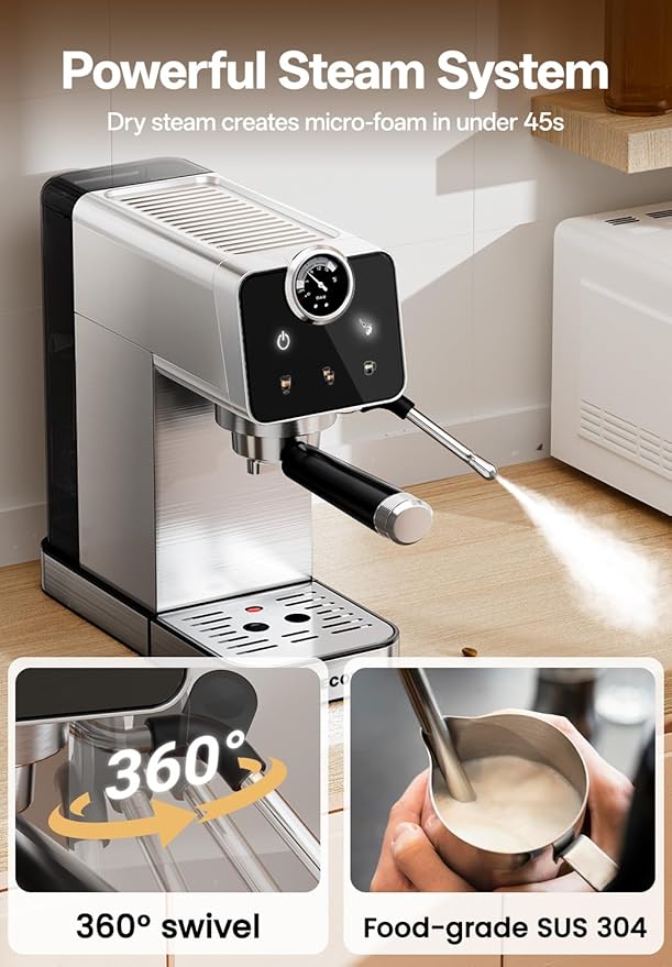 Arecovas Espresso Machine with Milk Frother, 20 Bar Compact Coffee Machine with Touch Screen & 41oz Water Tank for Home Use, Stainless Steel Espresso Coffee Maker for Americano, Cappuccino, Latte