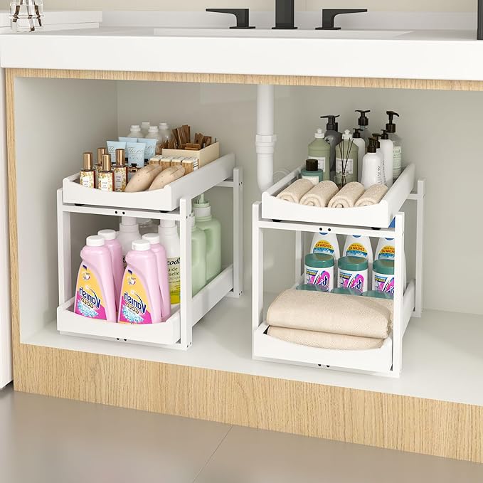 MHXW SXPN Bamboo Under Sink Organizer and Storage, Pull Out Cabinet Organization, 2 Tier Vertical Slide Out Undersink Storage Shelf, Organizer Shelves for Kitchen Bathroom Medicine (White, 2 Pack)