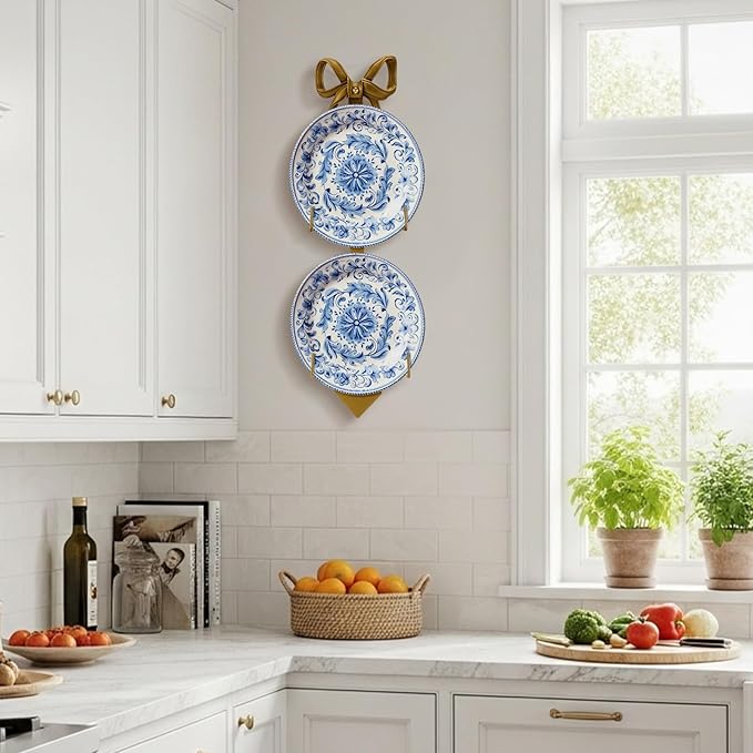 Zonon 2 Pack Gold Bow Plate Holder for Wall Bow Knot Iron Easel Display Rack Wall Mount Metal Plate Hanger Stand for Hanging Photo Frame Art Plaque for Cabinet Kitchen Counter Bar Cafe (18.5 x 7 Inch)
