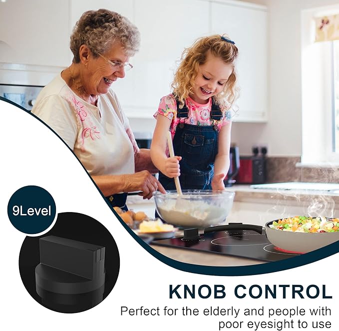 Karinear 110v Electric Cooktop 2 Burners, 12'' Electric Stove Top with Plug in, Knob Control Countertop & Built-in Ceramic Cooktop, 9 Heating Level, Hot Warning, Over-Temperature Protection
