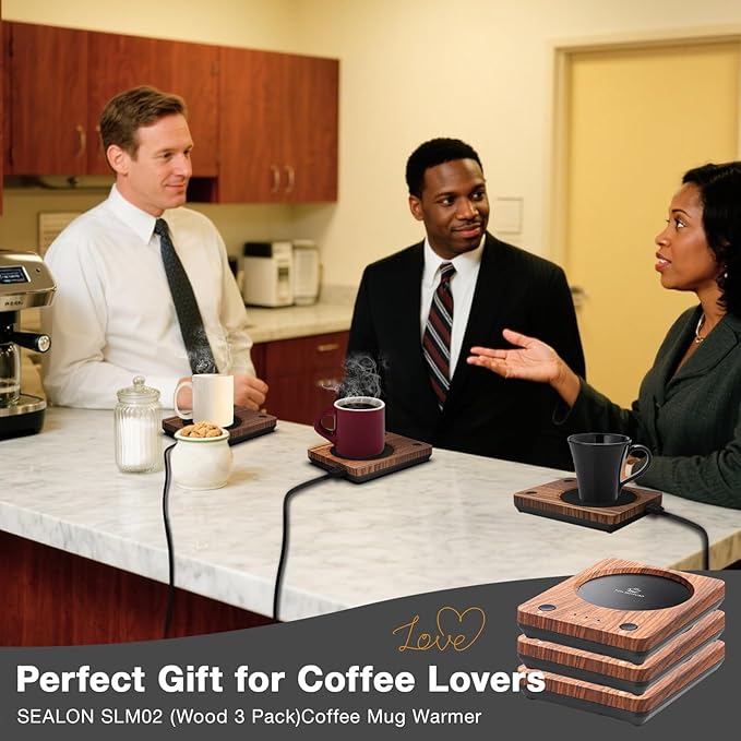 SEALON SLM02 Electric Coffee Mug Warmer (Wood, 3-Pack) - 3-Temperature Desk Cup Warmer with Auto Shut-Off (4 Hours) for Heating Coffee, Tea, Milk & Beverages