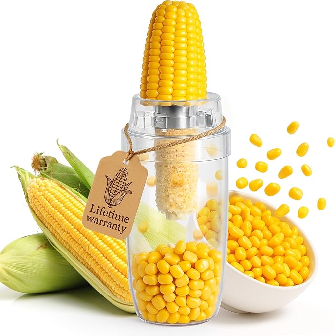 Newness Corn Peeler & Stripper for Corn on the Cob, Safe Blade Hidden Inside, Oversized No-Mess Cup, Serrated Blade for Easy Kernel Removal – Prep Corn in Seconds