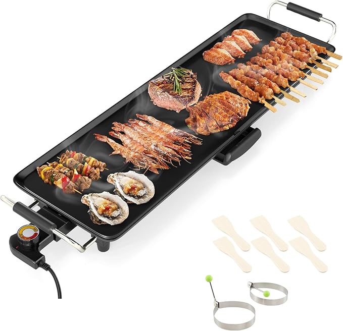 Nightcore 27" Large Electric Griddle, Teppanyaki Grill w/Adjustable Thermostat, Insulated Handles, Drip Tray & Nonstick Surface, Pancake Griddle, Indoor Outdoor Tabletop BBQ Grill for Party Camping