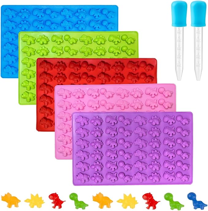Gummy Candy Molds - 5Pcs Silicone Gummy Mini Dinosaur Molds With 2pcs Dropper,Non-stick and Bpa Free for Mini Candy Chocolate Gummies Baking
