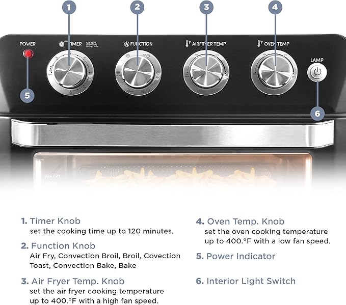Elite Gourmet EAF9100# Maxi-Matic Electric 25L Air Fryer Oven, 1640 Watts Oil-Less Convection Oven 12" Pizza Extra Large Capacity, Grill, Bake, Roast, Air Fryer, Black