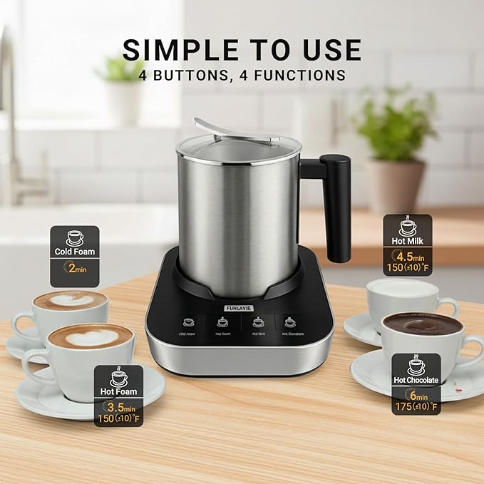 4-in-1 Electric Milk Frother and Steamer, 400ml(13.5oz) Stainless Steel Pitcher with Auto Shut-Off, Hot & Cold Foam Maker and Milk Warmer for Lattes, Cappuccinos, Macchiato, Dishwasher Safe